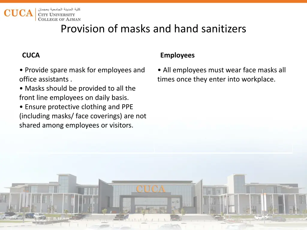 provision of masks and hand sanitizers