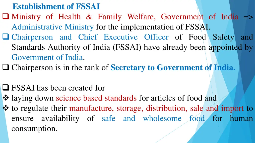 establishment of fssai ministry of health family