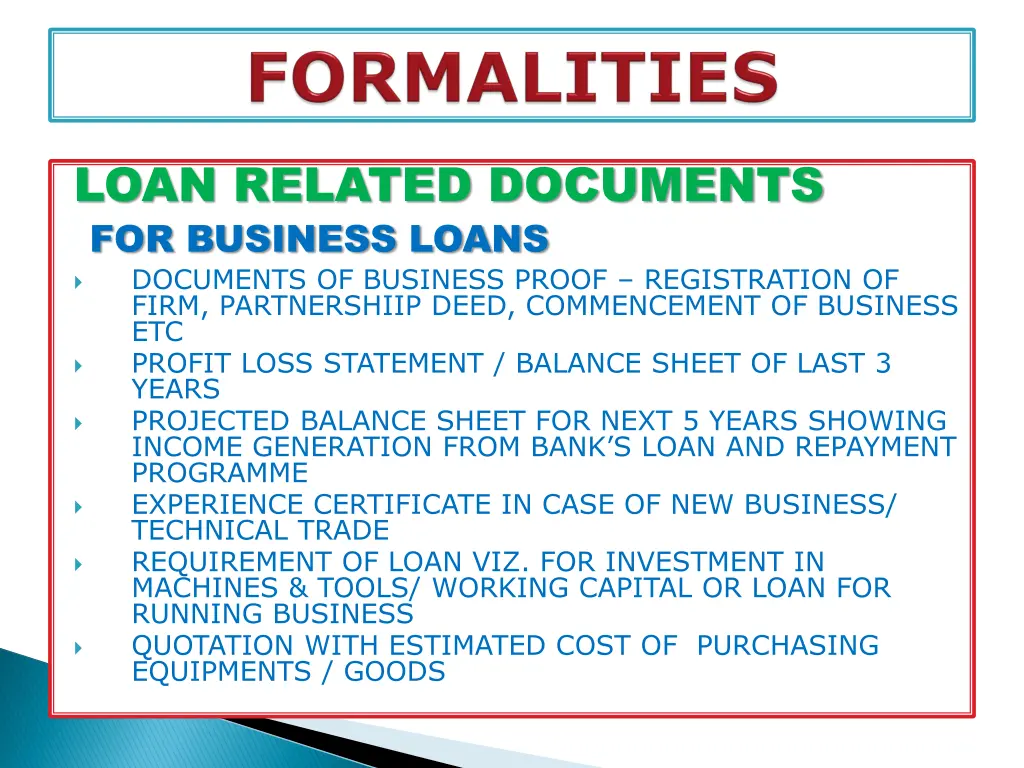 loan related documents for business loans