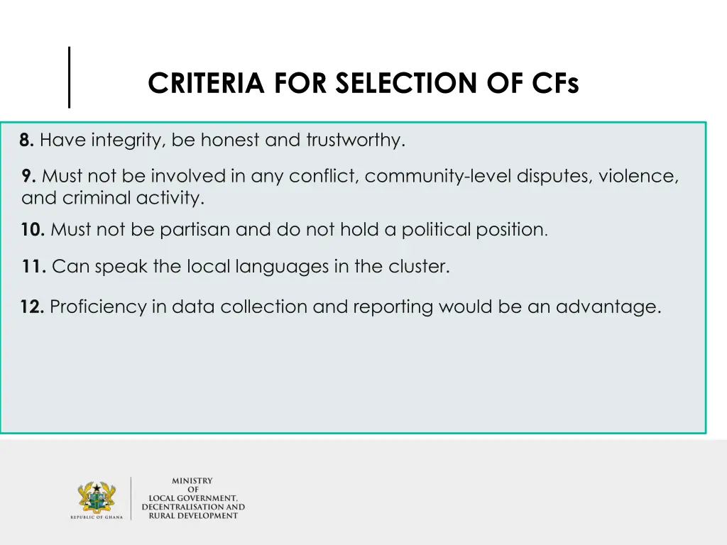 criteria for selection of cfs 1