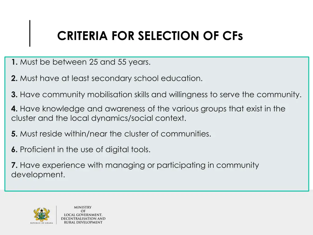 criteria for selection of cfs