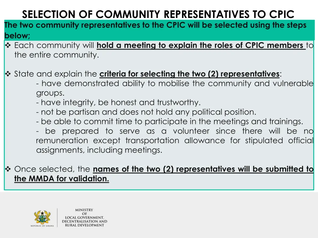 selection of community representatives to cpic