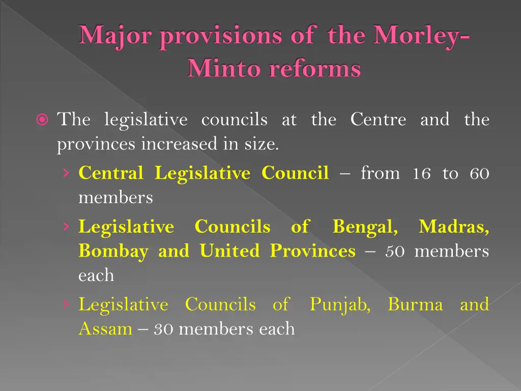 major provisions of the morley minto reforms