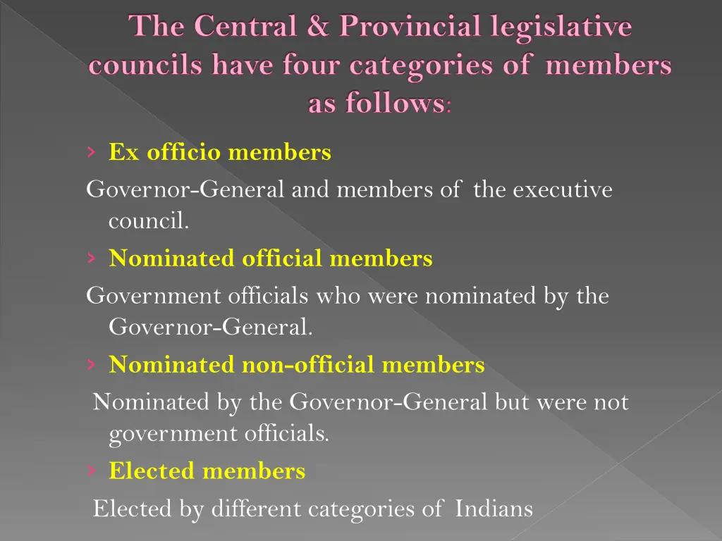 the central provincial legislative councils have