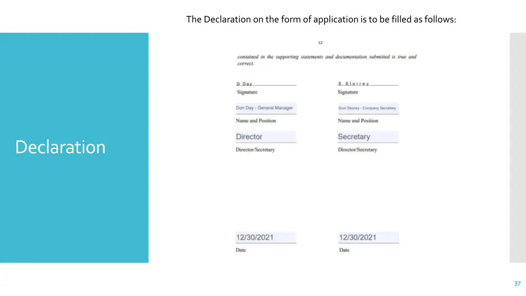 the declaration on the form of application