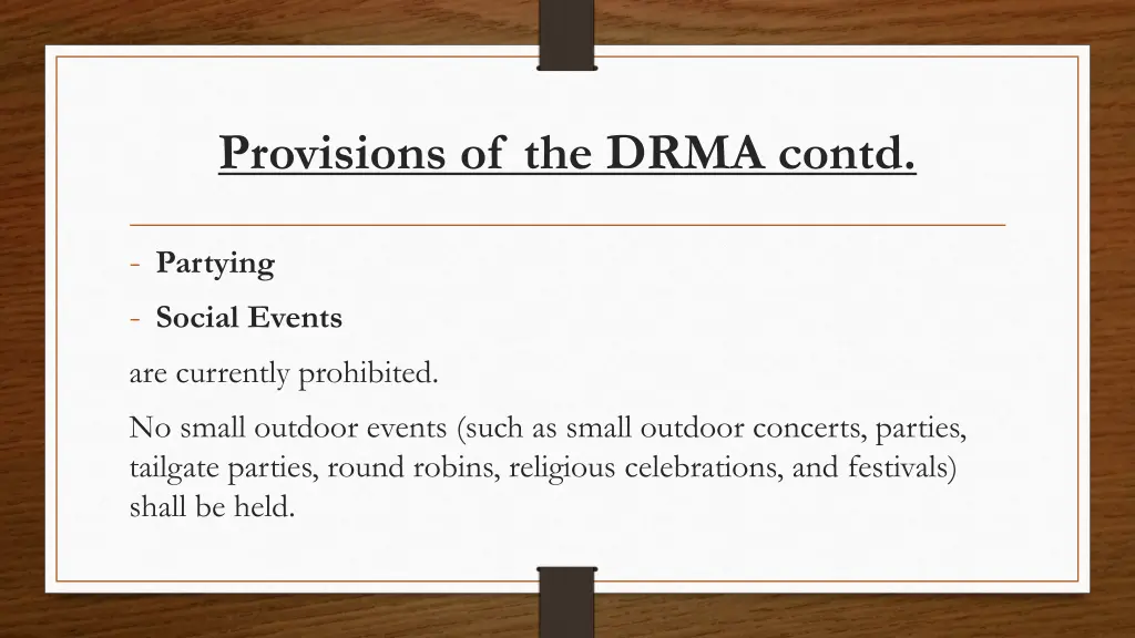 provisions of the drma contd