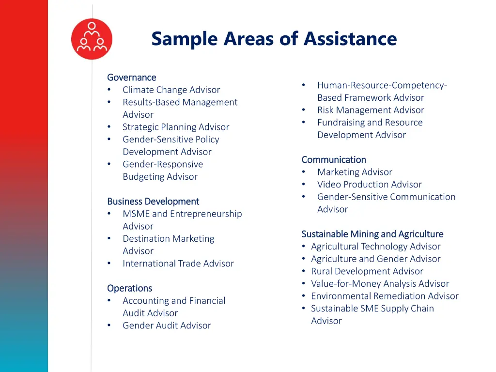 sample areas of assistance