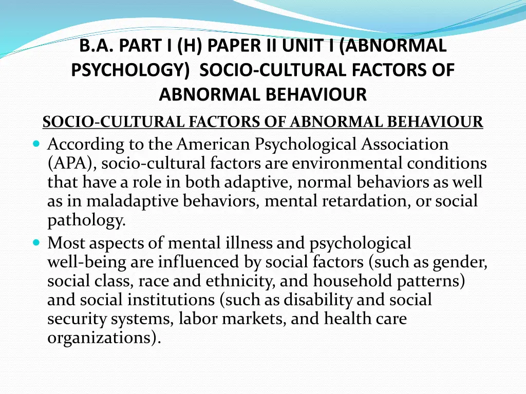 b a part i h paper ii unit i abnormal psychology