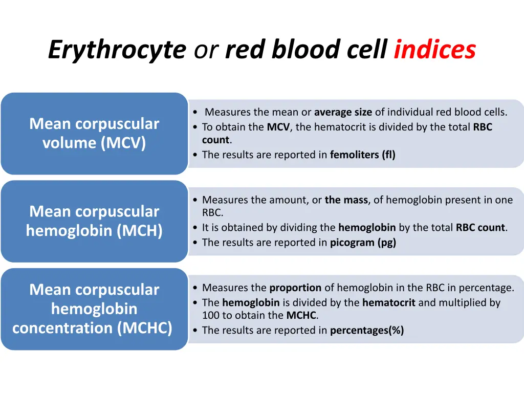 erythrocyte or red blood cell indices