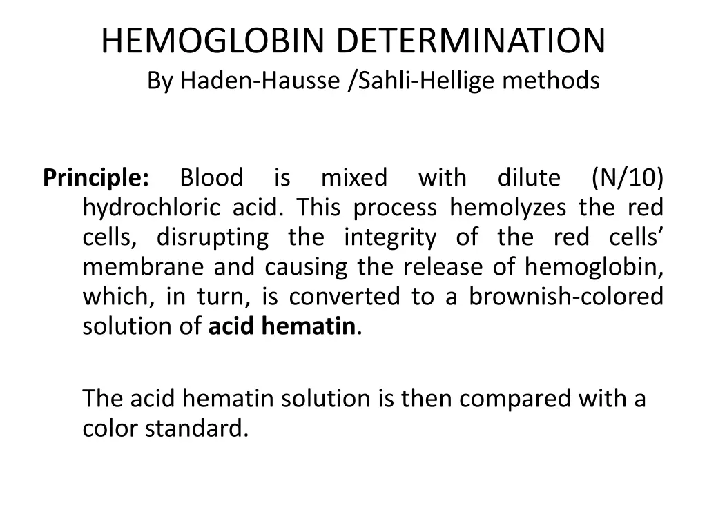 hemoglobin determination by haden hausse sahli