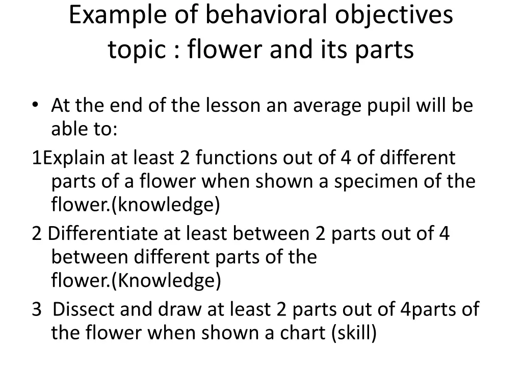 example of behavioral objectives topic flower