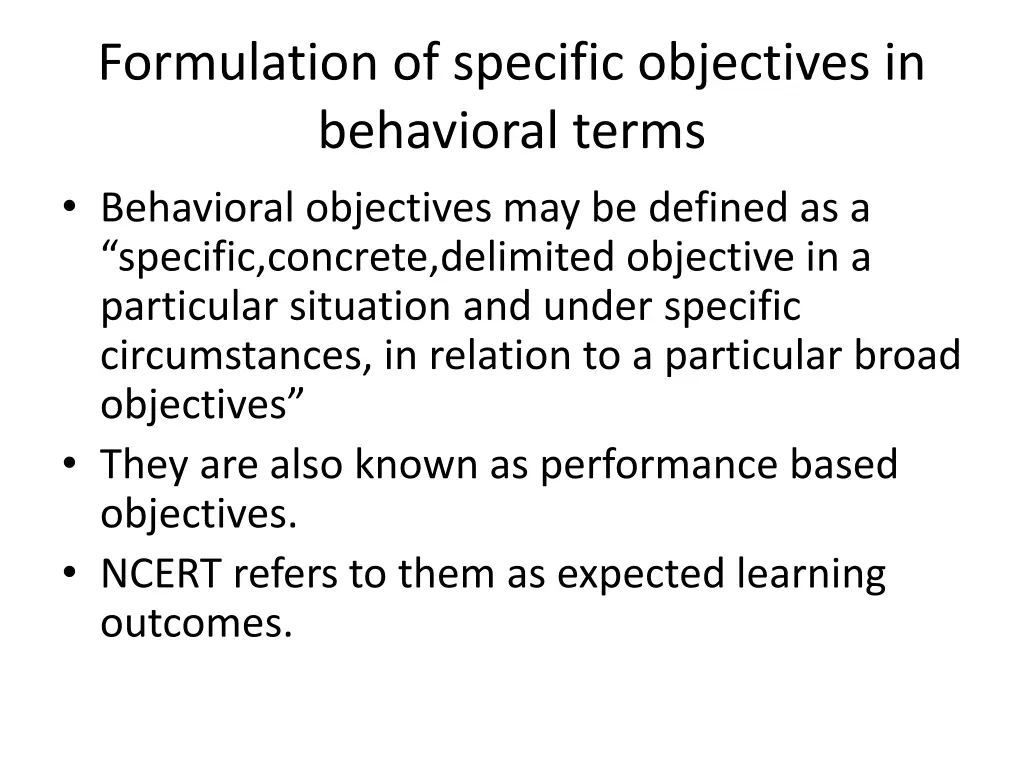 formulation of specific objectives in behavioral