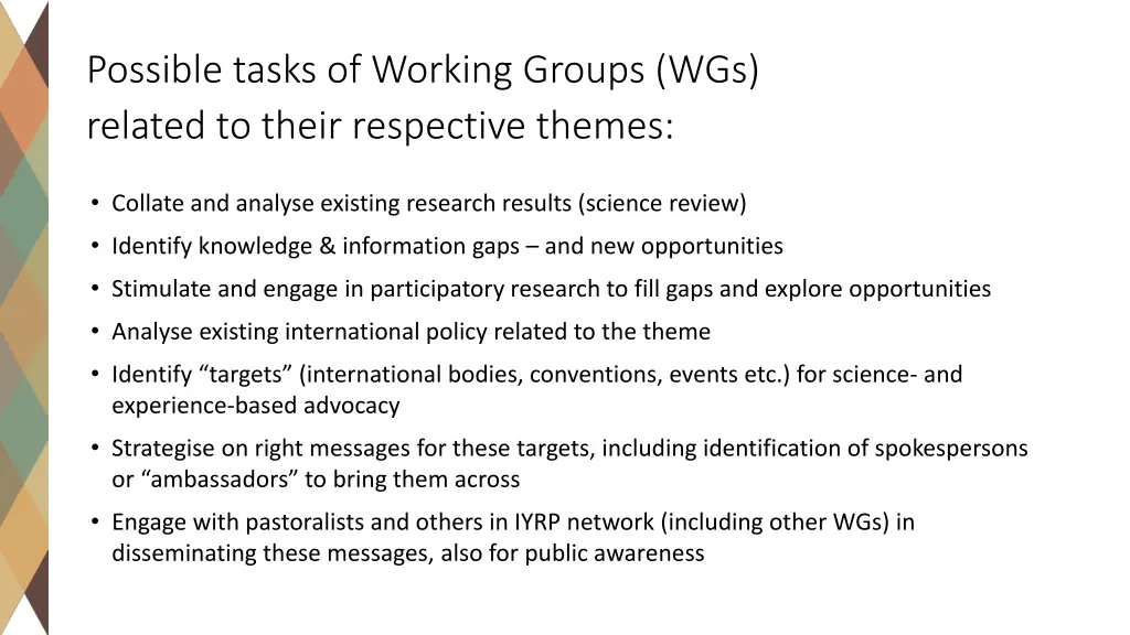 possible tasks of working groups wgs related