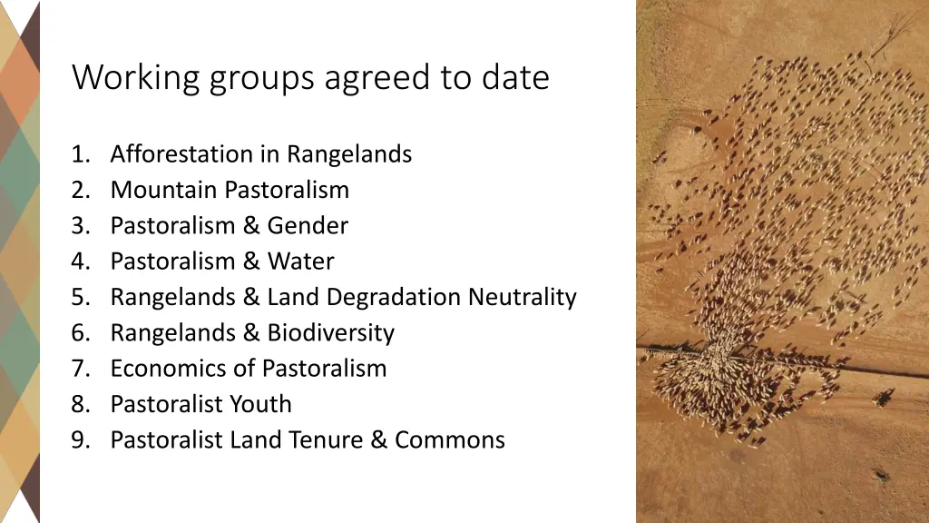 working groups agreed to date