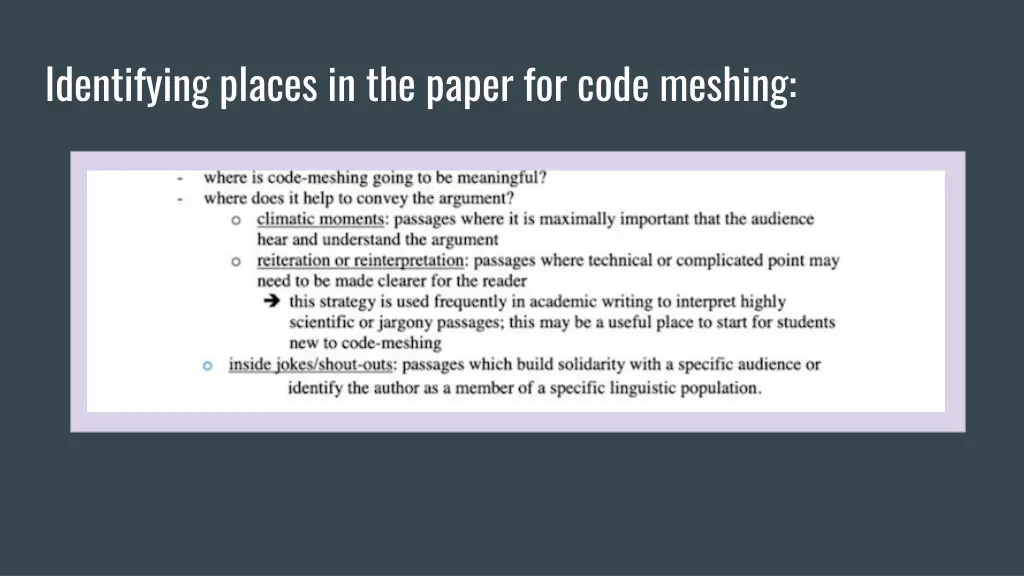 identifying places in the paper for code meshing