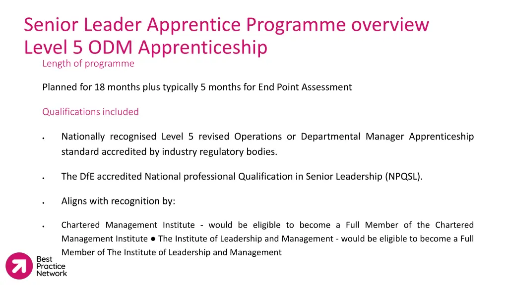 senior leader apprentice programme overview level