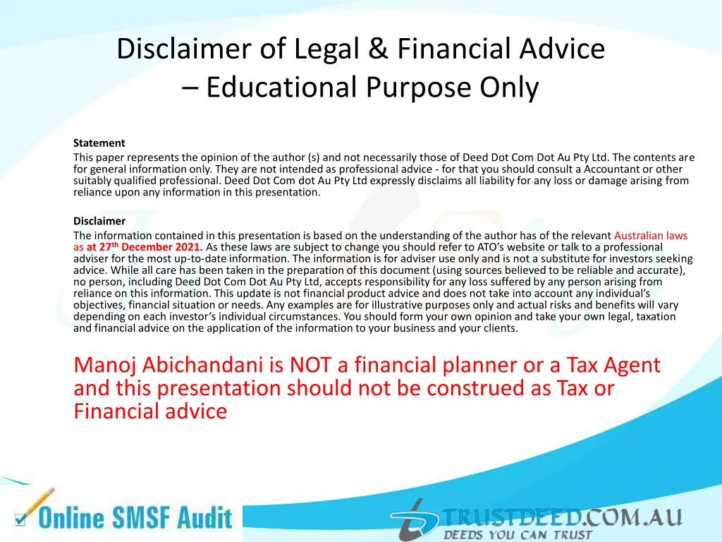 disclaimer of legal financial advice educational