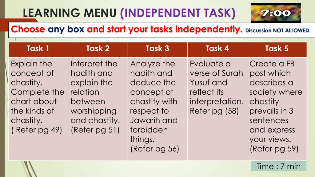 learning menu independent task choose