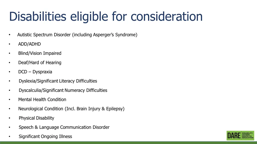 disabilities eligible for consideration