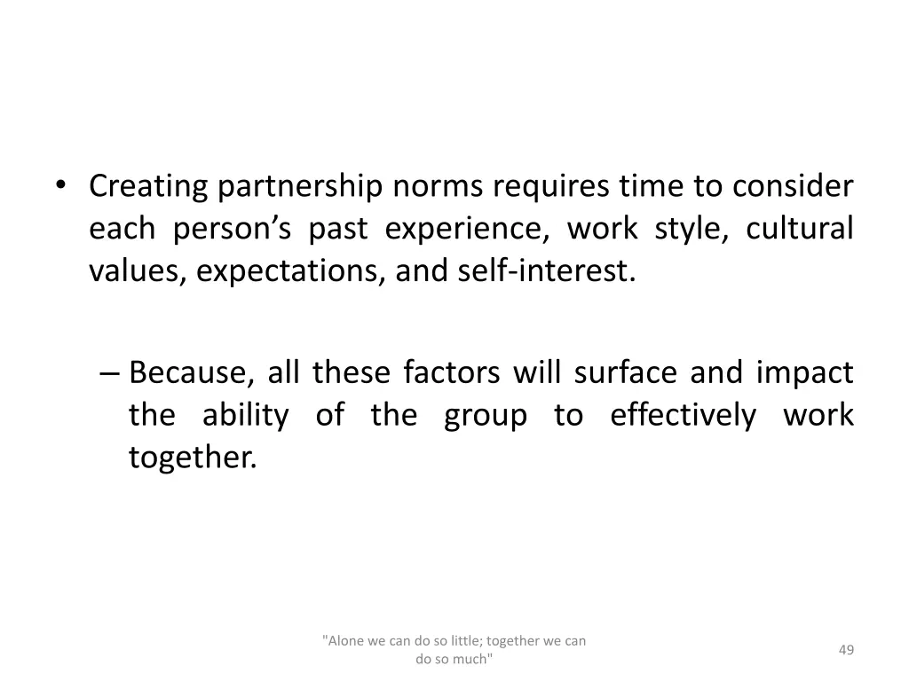 creating partnership norms requires time