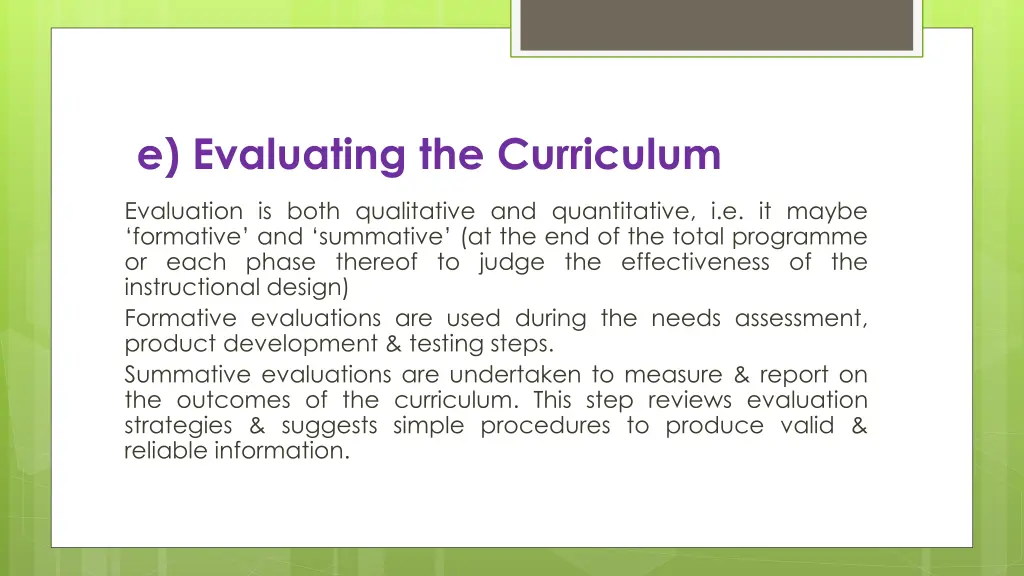 e evaluating the curriculum