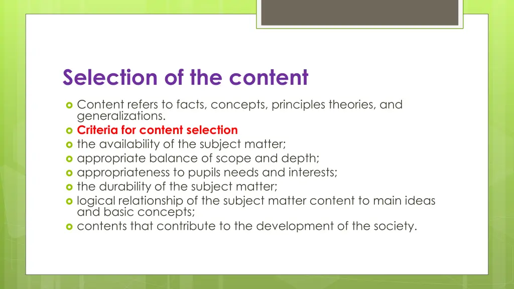 selection of the content