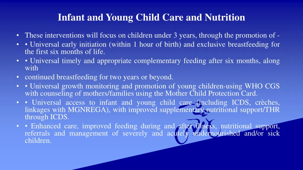 infant and young child care and nutrition