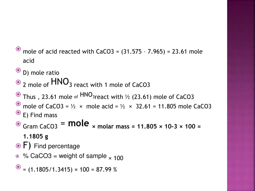 mole of acid reacted with caco3