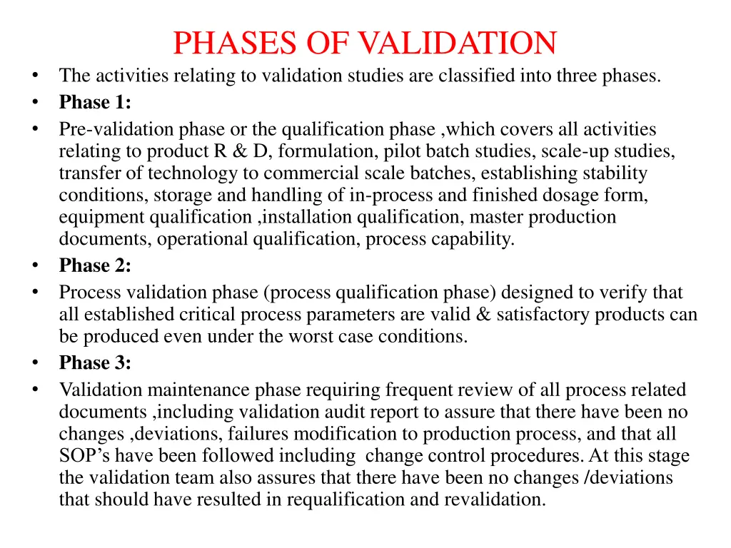 phases of validation the activities relating