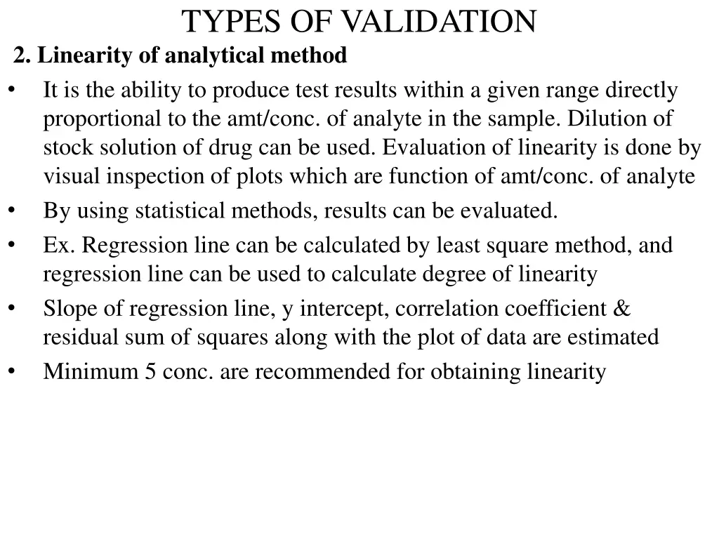 types of validation 2 linearity of analytical