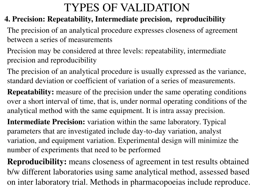 types of validation 4 precision repeatability