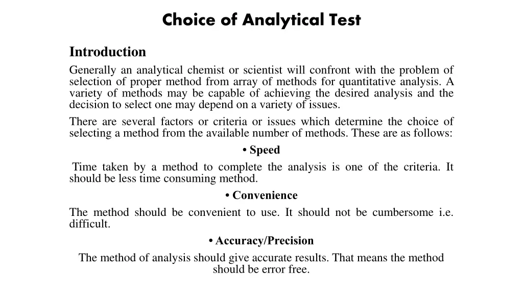 choice of analytical test