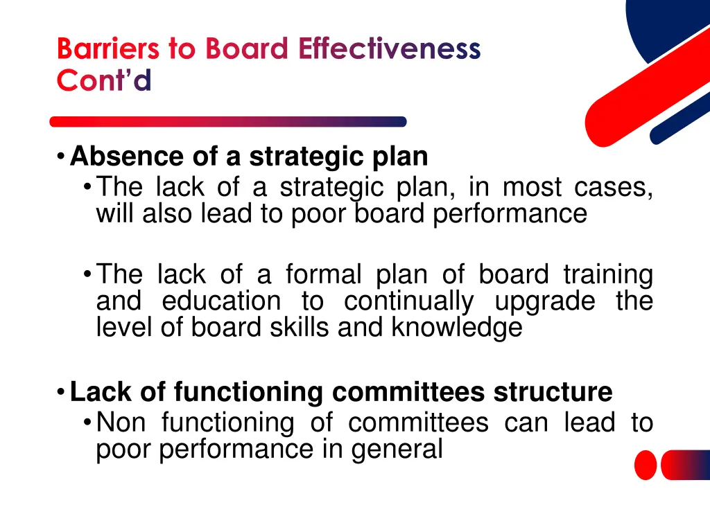 barriers to board effectiveness cont d