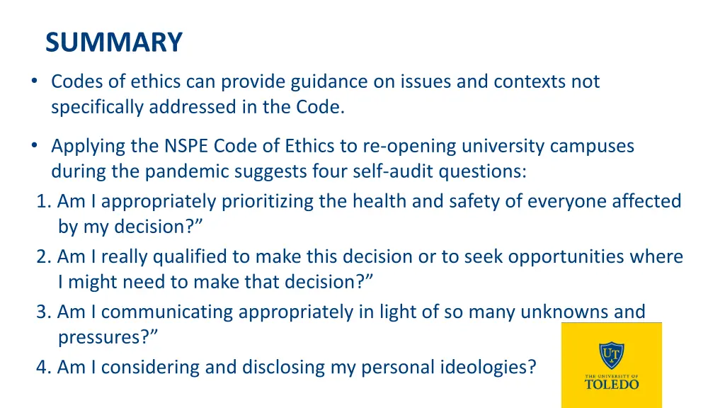 summary codes of ethics can provide guidance