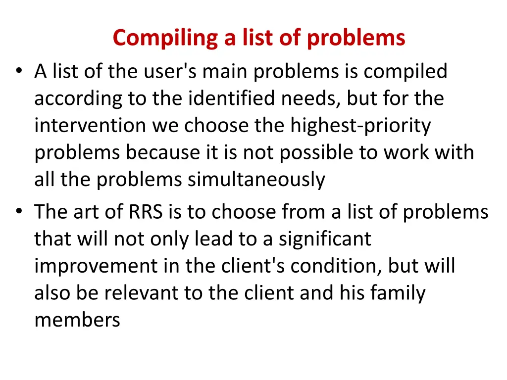 compiling a list of problems a list of the user