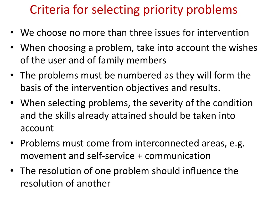 criteria for selecting priority problems