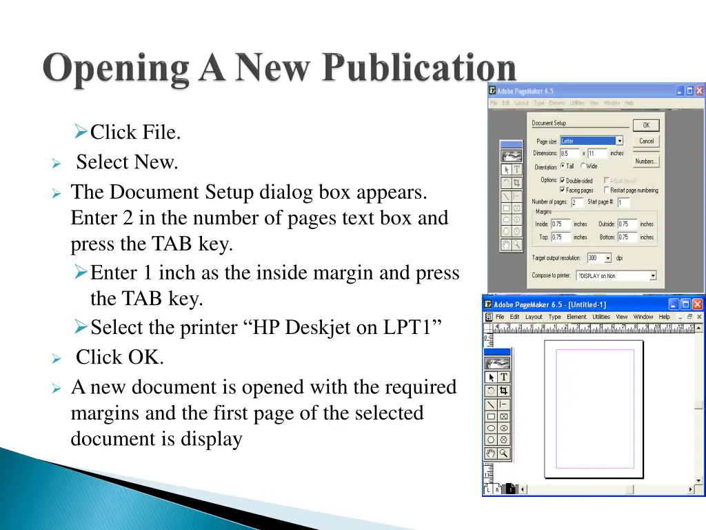 click file select new the document setup dialog