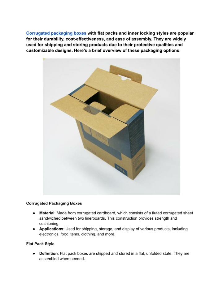 corrugated packaging boxes with flat packs