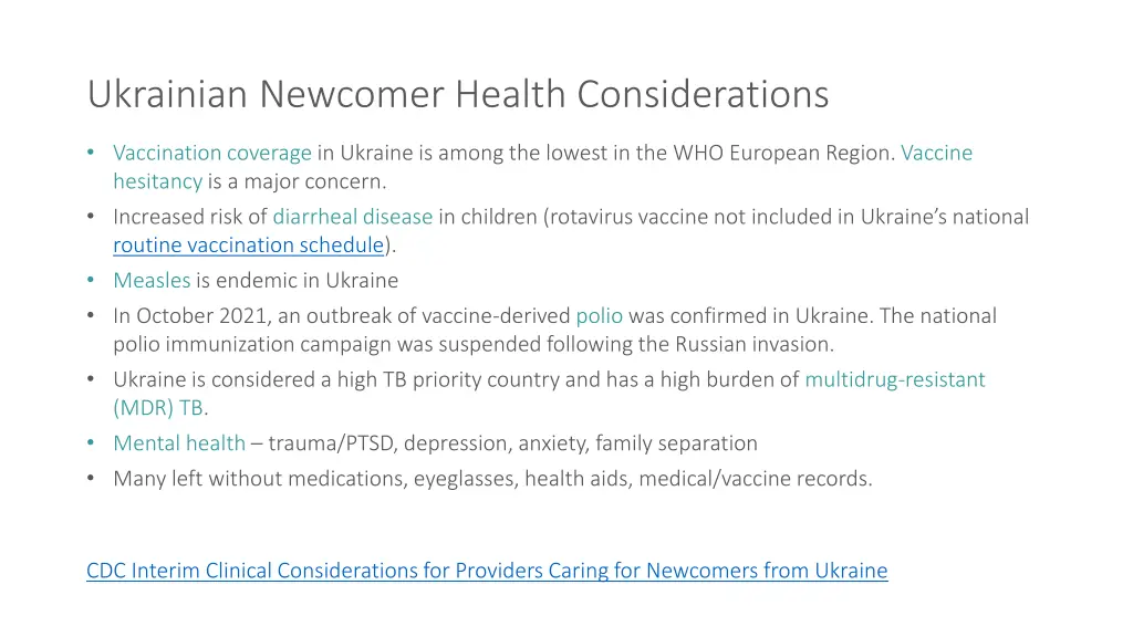 ukrainian newcomer health considerations