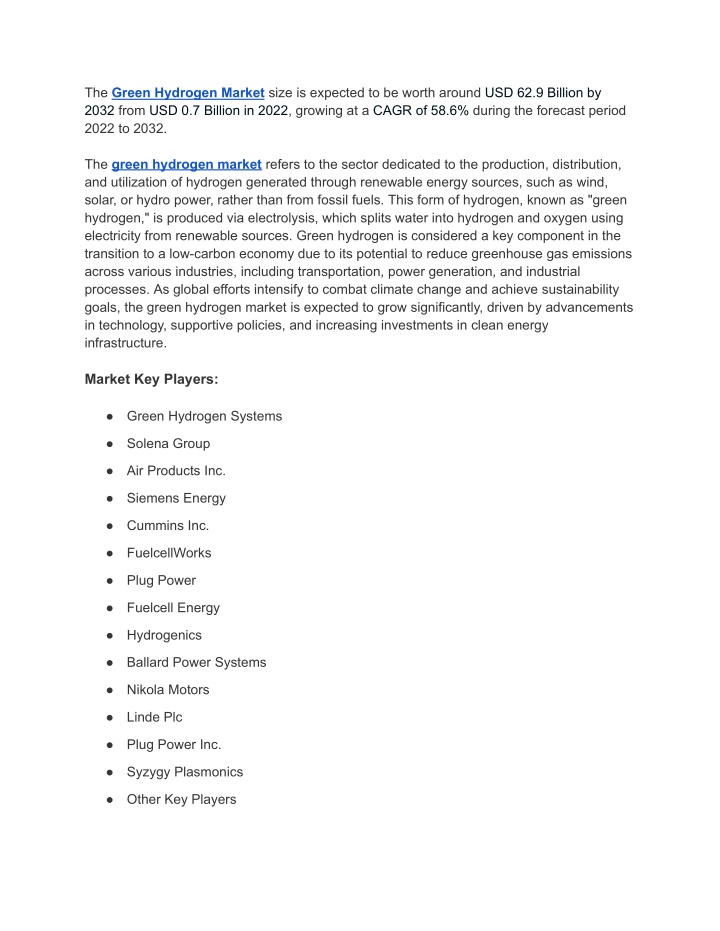 the green hydrogen market size is expected