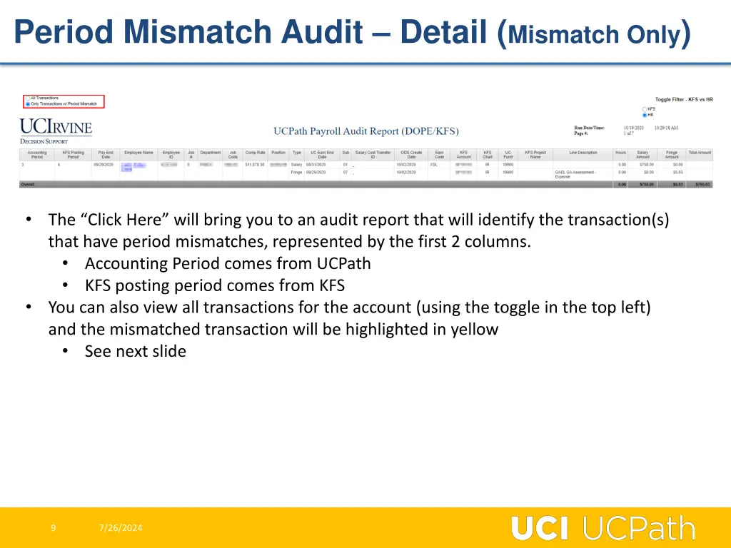 period mismatch audit detail mismatch only