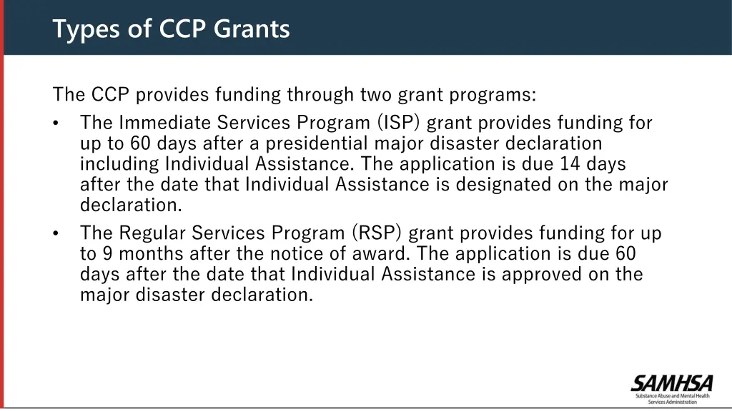 types of ccp grants