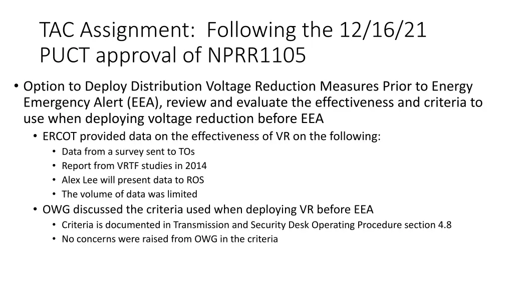 tac assignment following the 12 16 21 puct