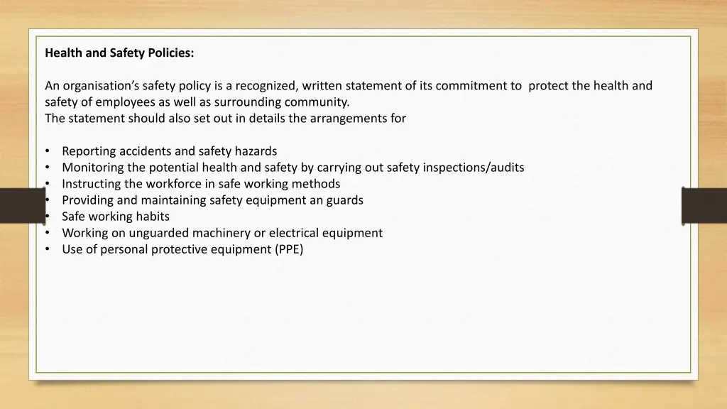 health and safety policies