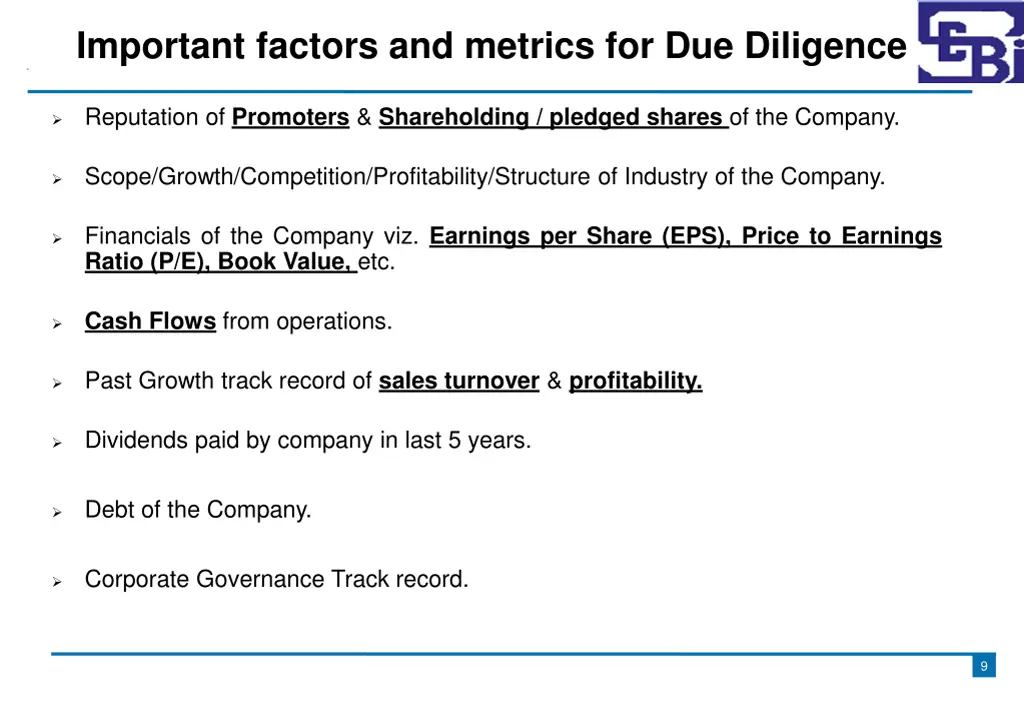 important factors and metrics for due diligence