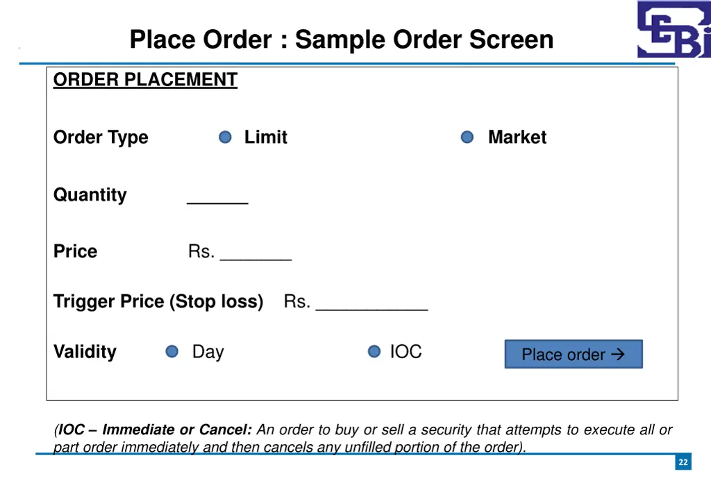 place order sample order screen