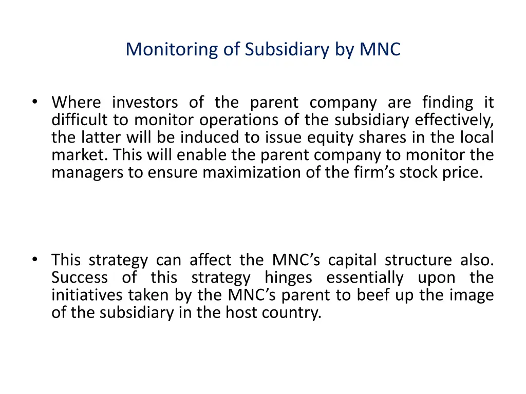 monitoring of subsidiary by mnc