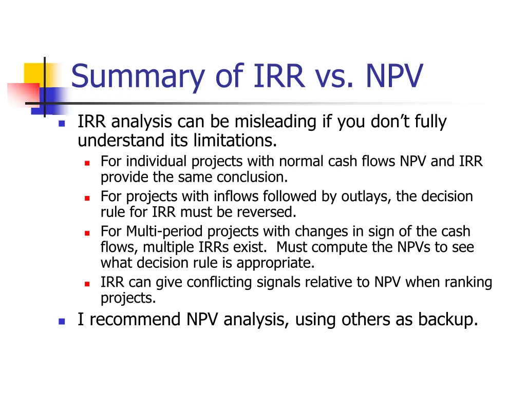 summary of irr vs npv