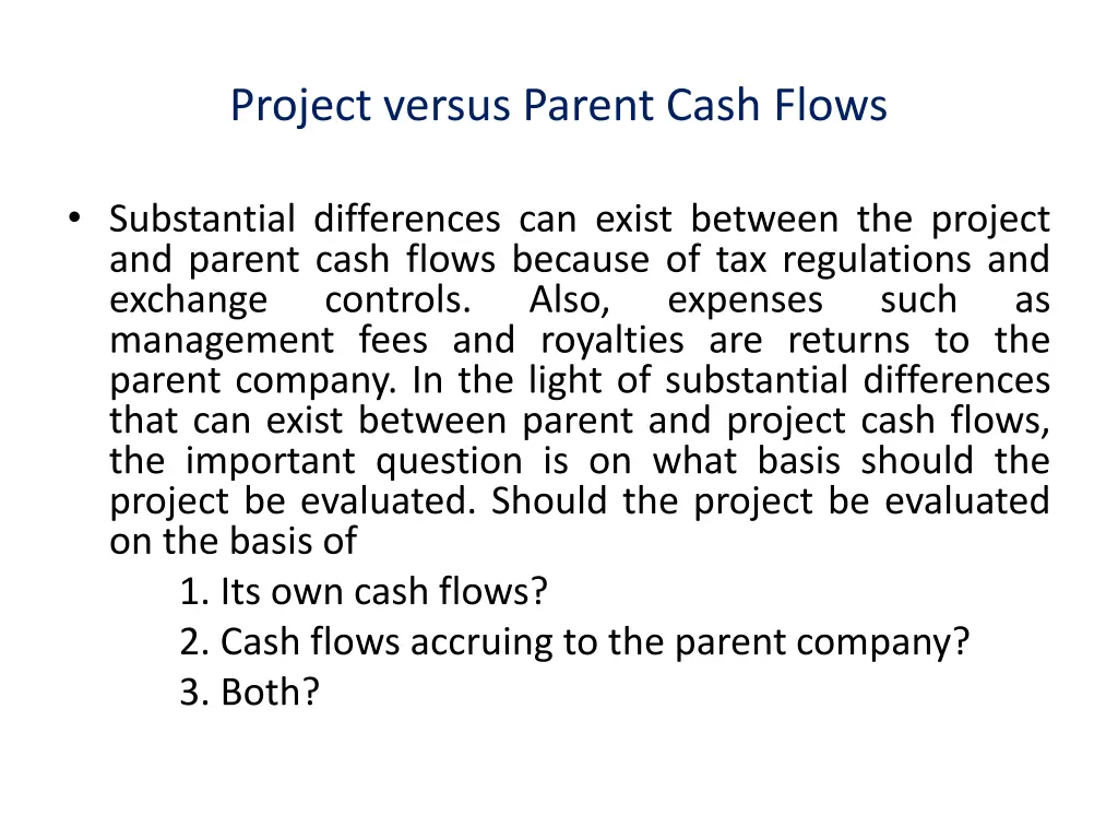 project versus parent cash flows