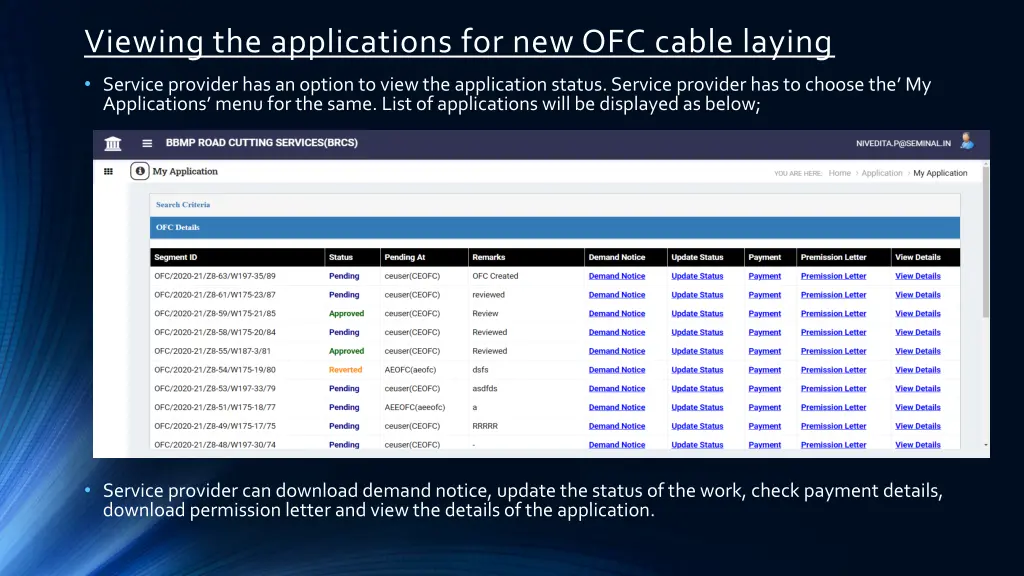 viewing the applications for new ofc cable laying